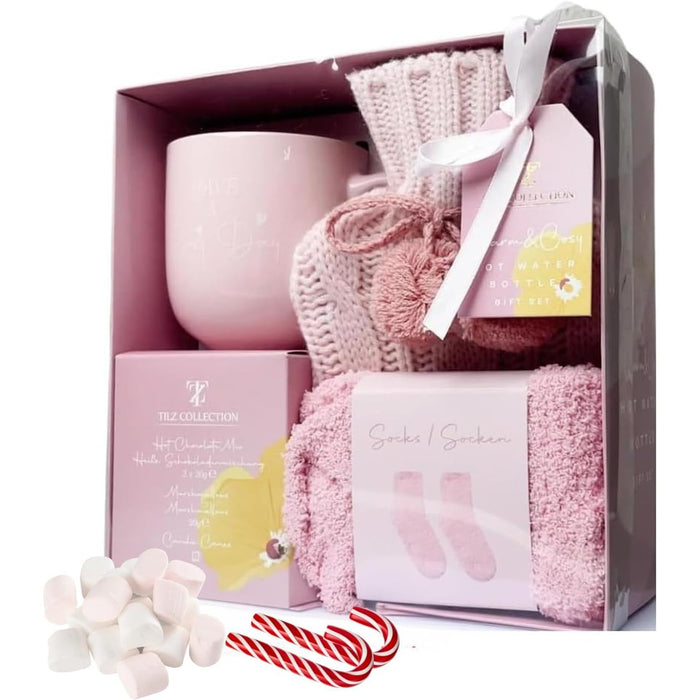 Hot Chocolate Gift Set with Mug, Cosy Gifts, Mini Winter Hot Water Bottle with Cover