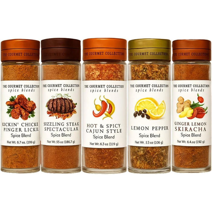 BBQ Spice Gift Set 5 Pack Large Glass Bottles Sizzling Steak Kickin Chicken Ginger Lemon Sriracha Hot and Spicy Cajun Lemon Pepper Seasoning for Chicken Steak Seafood Veg Fries and BBQ