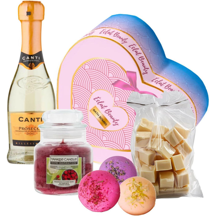 Pamper Gifts for Women - Bath Bombs, Vanilla Fudge, Prosecco and Scented Candle Hamper Gifts for Women