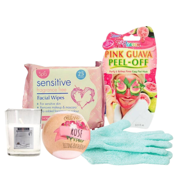 Pamper Gifts for Women |Exfoliating Gloves, Rose Bath Bomb, Votive Candle, Facial Wipes and Peel-off Mask