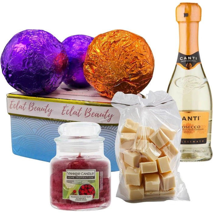 Pamper Gifts for Women - Bath Bombs, Vanilla Fudge, Prosecco and Scented Candle Hamper Gifts for Women