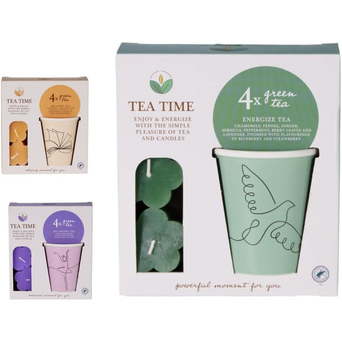 Relaxing Green Tea (4 Bags) with Chamomile, Lemongrass & Liquorice, 3 Tealight Candles & Cup