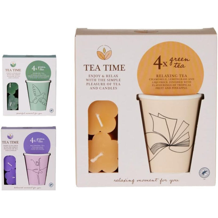 Relaxing Green Tea (4 Bags) with Chamomile, Lemongrass & Liquorice, 3 Tealight Candles & Cup
