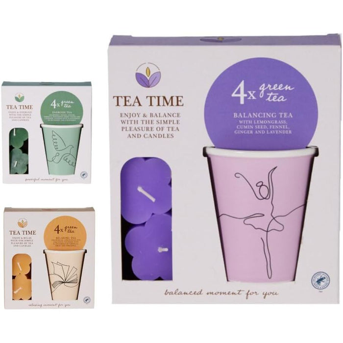 Relaxing Green Tea (4 Bags) with Chamomile, Lemongrass & Liquorice, 3 Tealight Candles & Cup