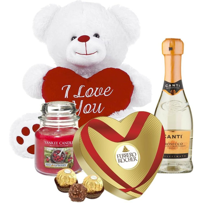 I Love You Teddy Bear, Love Heart Shaped Valentine's Chocolate Gift, Yankee-candle And Prosecco Wine Sweet Hampers & Gourmet Gifts