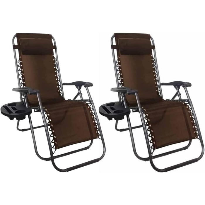 Recliner Garden Chairs - Set of 2 Foldable Zero Gravity Chair with Cup & Phone Holder (Brown)