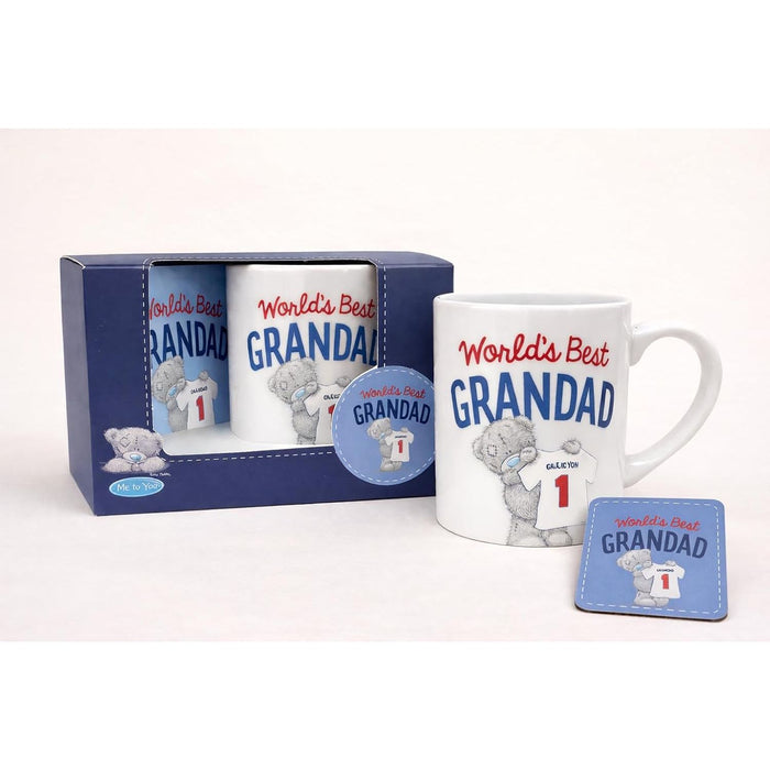 World’s Best Grandad Mug & Coaster Gift Set – Birthday Gift from Grandson or Granddaughter | White Ceramic Coffee Cup 300ml with Cork Coaster