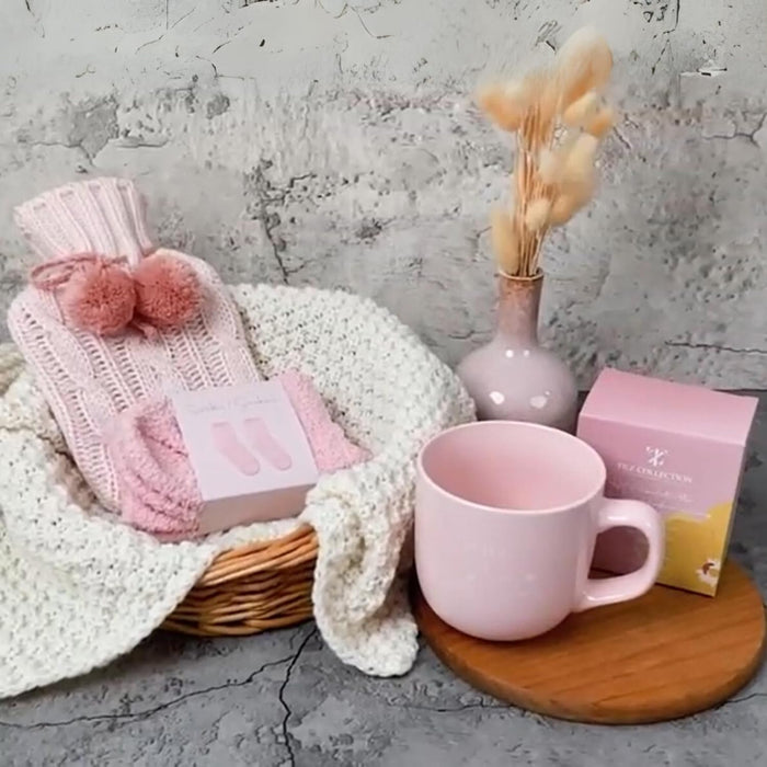 Hot Chocolate Gift Set with Mug, Cosy Gifts, Mini Winter Hot Water Bottle with Cover