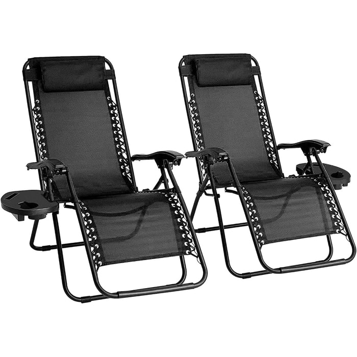 Recliner Garden Chairs - Set of 2 Foldable Zero Gravity Chair with Cup & Phone Holder (Grey)