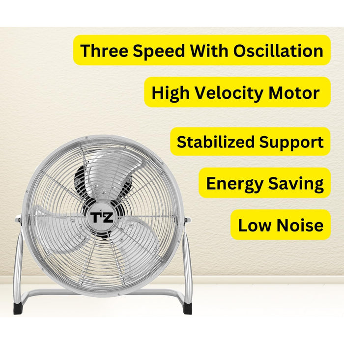 Metal Floor Fan - High Velocity Chrome 3-Speed Fan, Adjustable Pedestal Fan (Black)