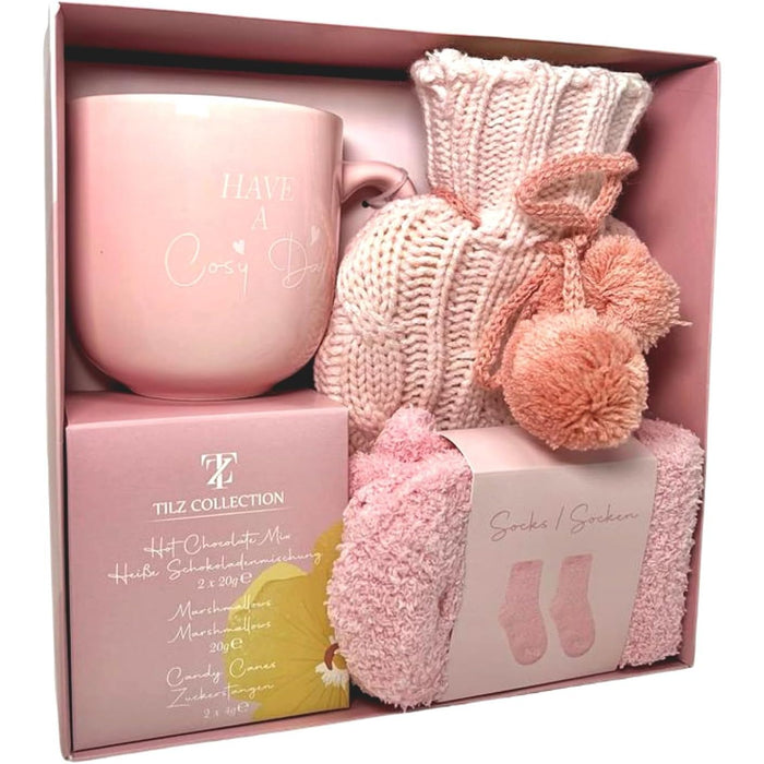 Hot Chocolate Gift Set with Mug, Cosy Gifts, Mini Winter Hot Water Bottle with Cover