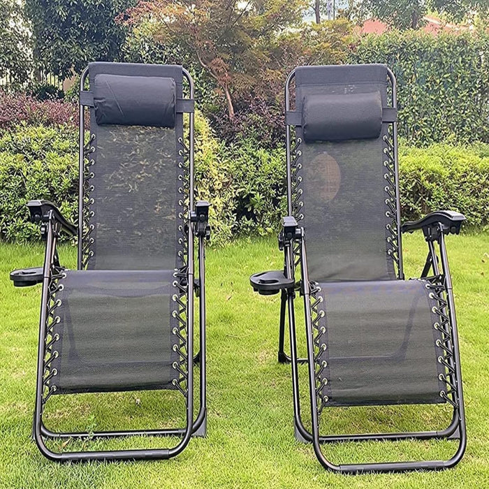 Recliner Garden Chairs - Set of 2 Foldable Zero Gravity Chair with Cup & Phone Holder (Grey)