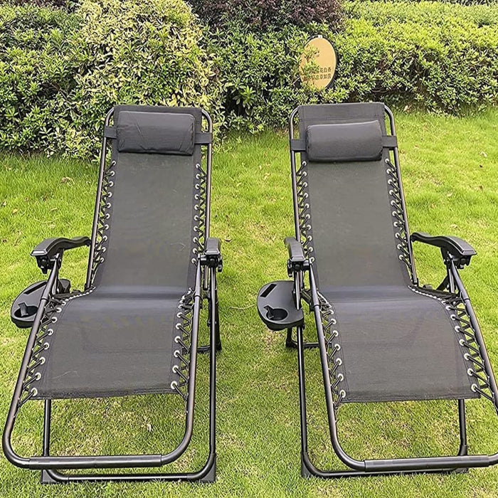 Recliner Garden Chairs - Set of 2 Foldable Zero Gravity Chair with Cup & Phone Holder (Brown)