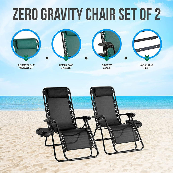 Recliner Garden Chairs - Set of 2 Foldable Zero Gravity Chair with Cup & Phone Holder (Brown)