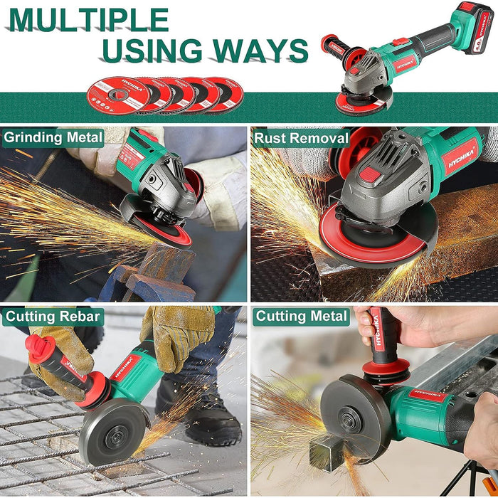 HYCHIKA Angle Grinder 18V AG18F, 4.0Ah Fast Charge Cordless Grinder Tool with 5 Pcs 115mm Grinder Disc 8500RPM, 3-Position Adjustable Handle, Powered by Battery Great for Grinding and Cutting