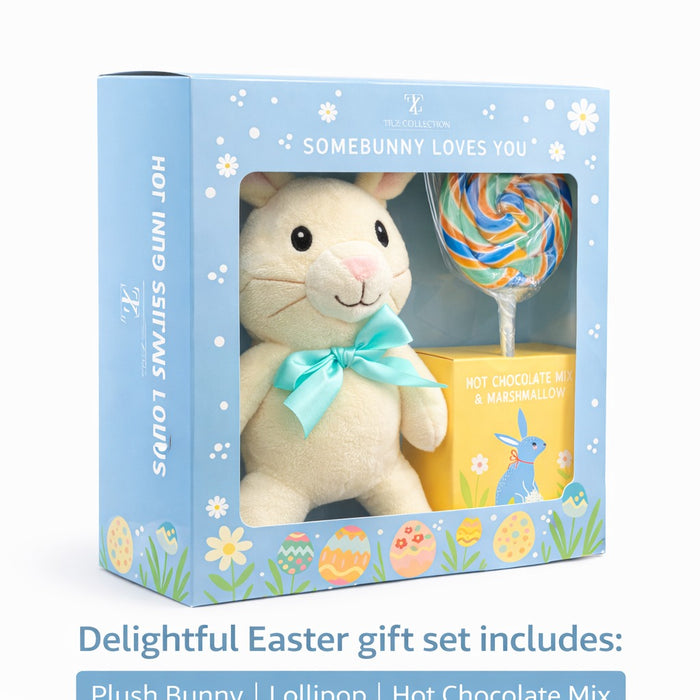 Somebunny Loves You Easter Bunny Gift Set – Plush Teddy, Swirl Lollipop & Hot Chocolate with Marshmallows