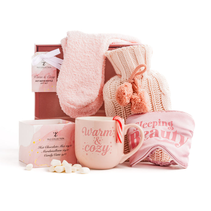 Hot Chocolate Gift Set with Mug, Cosy Gifts, Mini Winter Hot Water Bottle with Cover